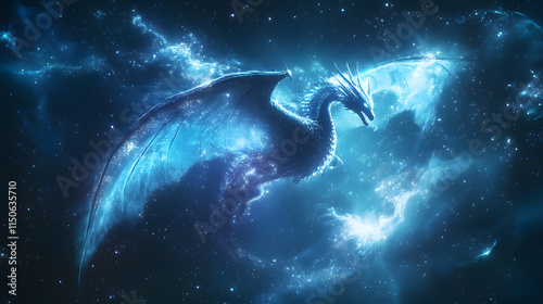 A celestial design of a stylized dragon flying through glowing constellations.