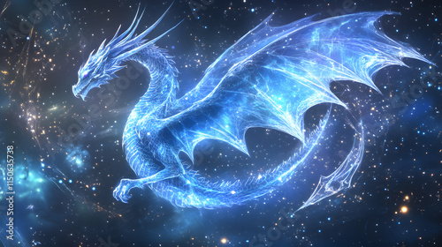 A celestial design of a stylized dragon flying through glowing constellations.
