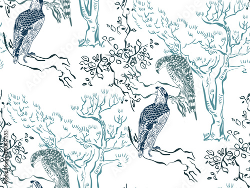 falcon branch tree japanese chinese vector design seamless pattern