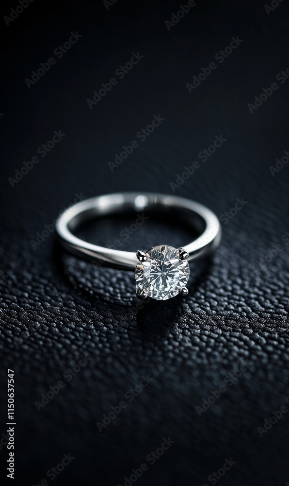 Elegant solitaire diamond ring on black textured background
