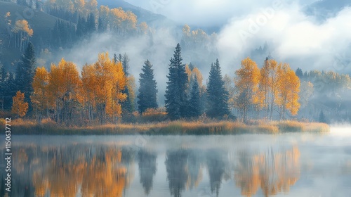 Golden autumn trees and evergreens reflect in the still waters of a misty lake, surrounded by soft clouds and mountains in the distance. AI generated.