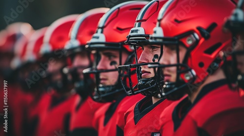 A resolute football player, wearing his helmet, fixates intensely on the camera, with his teammates gradually blending into the background. The air is thick with excitement. American Football Concept photo