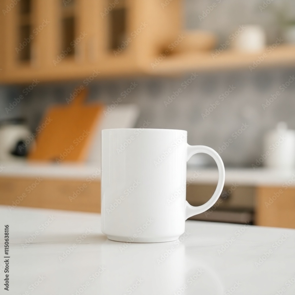 Fototapeta premium A photograph of a white mug on a kitchen countertop, sharp focus on the mug, blurred bokeh background, soft natural light, clean and simple composition