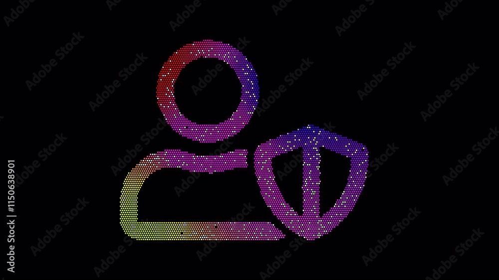 Icon user shield is made up of LED square shapes that shimmer and flicker. There are black dead diodes. In-Out looped. Alpha BW at the end Icon user shield is made up of LED square shapes that shimmer and flicker. There are black dead diodes. In-Out looped. Alpha BW at the end