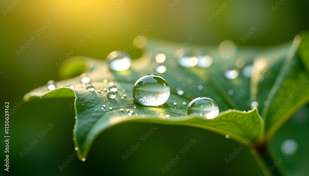 Macro shot of dew drops on green leaf, fresh morning mood Macro shot of dew drops on green leaf, fresh morning mood