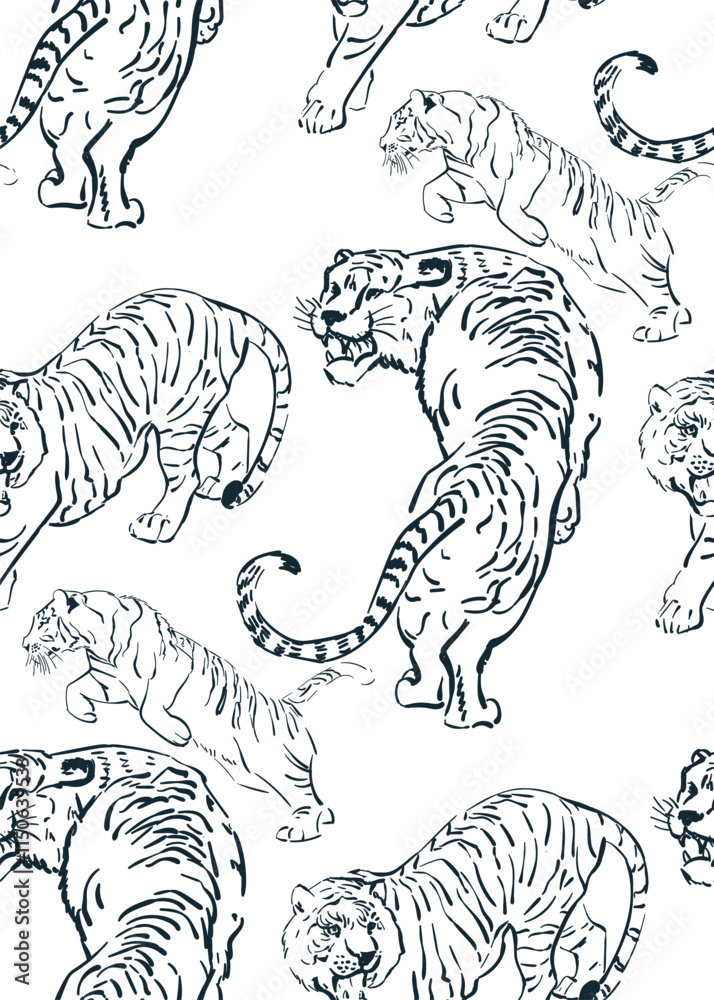 Obraz premium tiger line sketch japanese chinese vector design seamless pattern