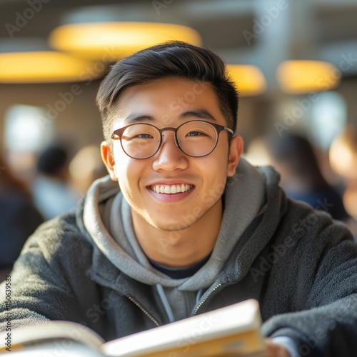 Happy 22 year old male student focused on studies in a bright setting, showcasing enthusiasm for learning