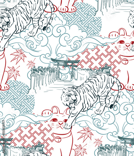 tiger neko cat temple gate clouds ornate collage japanese chinese vector design seamless pattern