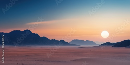 A desert landscape with a large sun in the sky. The sun is setting, casting a warm glow over the landscape. The sky is filled with clouds, creating a sense of depth and atmosphere