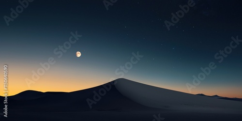 A moon is in the sky above a desert. The sky is dark and the moon is the only light source photo