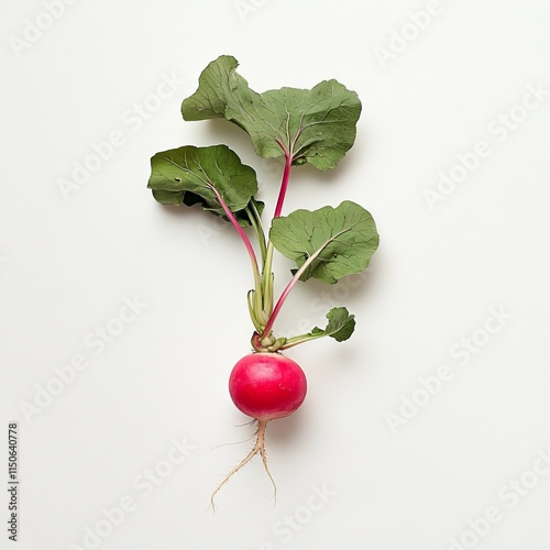 A radish with green leaves still attached, isolated on a white background.