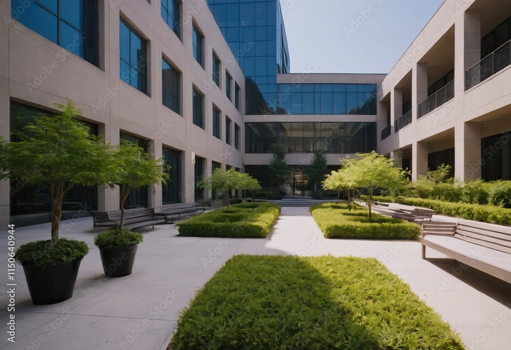 A spacious courtyard featuring trees and lush bushes in front of a building A spacious courtyard featuring trees and lush bushes in front of a building