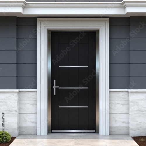 A photorealistic rendering of a refined house door, featuring a sleek, modern design with brushed steel accents, highlighted by sharp contrasts and a cool color palette, displayed in a square format