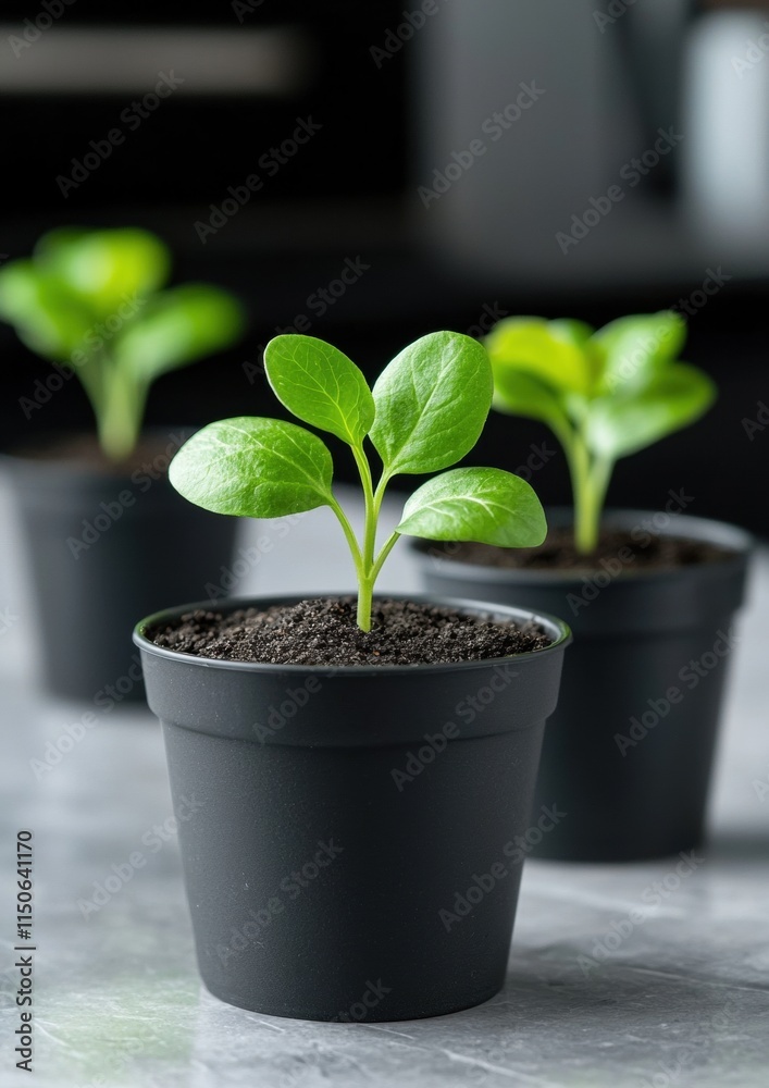 Three potted plants with green leaves are sitting on a counter