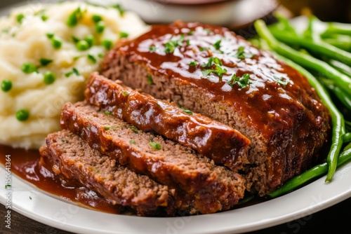 Hearty Meatloaf with Mashed Potatoes and Green Beans photo