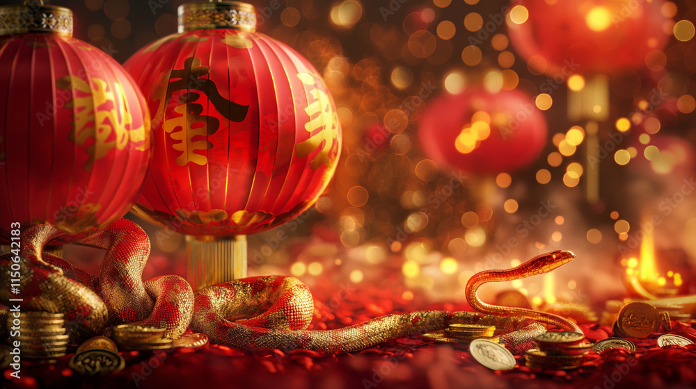 Chinese New Year Background with Glowing Red Lanterns, Gold Ingots, and Traditional Elements for Luxury Celebrations Chinese New Year Background with Glowing Red Lanterns, Gold Ingots, and Traditional Elements for Luxury Celebrations