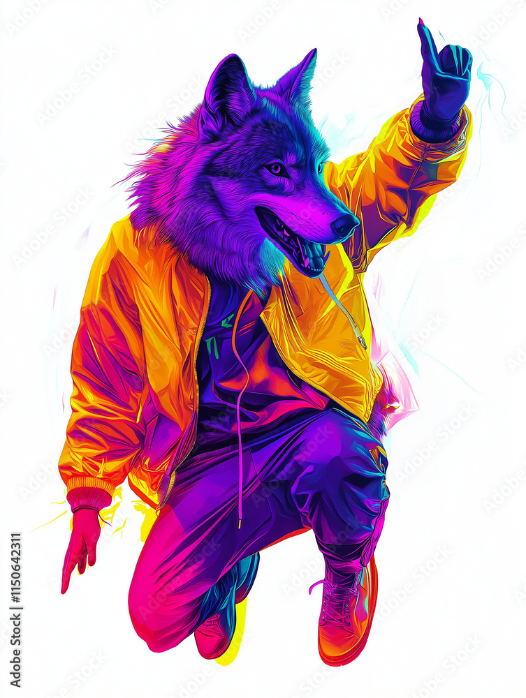 Neon Purple Wolf Jumping in Bright Yellow Jacket, Dynamic Leap Neon Purple Wolf Jumping in Bright Yellow Jacket, Dynamic Leap