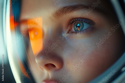 Focused gaze of astronaut observing distant celestial views in a futuristic setting photo