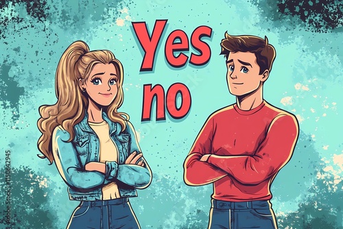 Cartoon Illustration of a Man and Woman Facing a Yes or No Dilemma, Representing Decision Making and Choices in a Business or Personal Context, Vibrant Red and Blue Color Scheme with Textured Backgrou