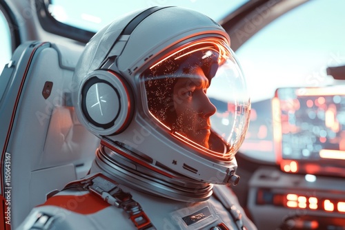 Astronaut preparing for a mission in a futuristic spacecraft with advanced technology and a vibrant control panel photo