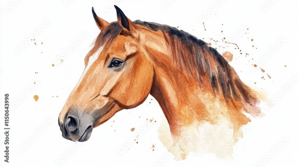 Fototapeta premium National Horse Protection Day Watercolor painting of majestic horse head with splatter effects for artistic decor
