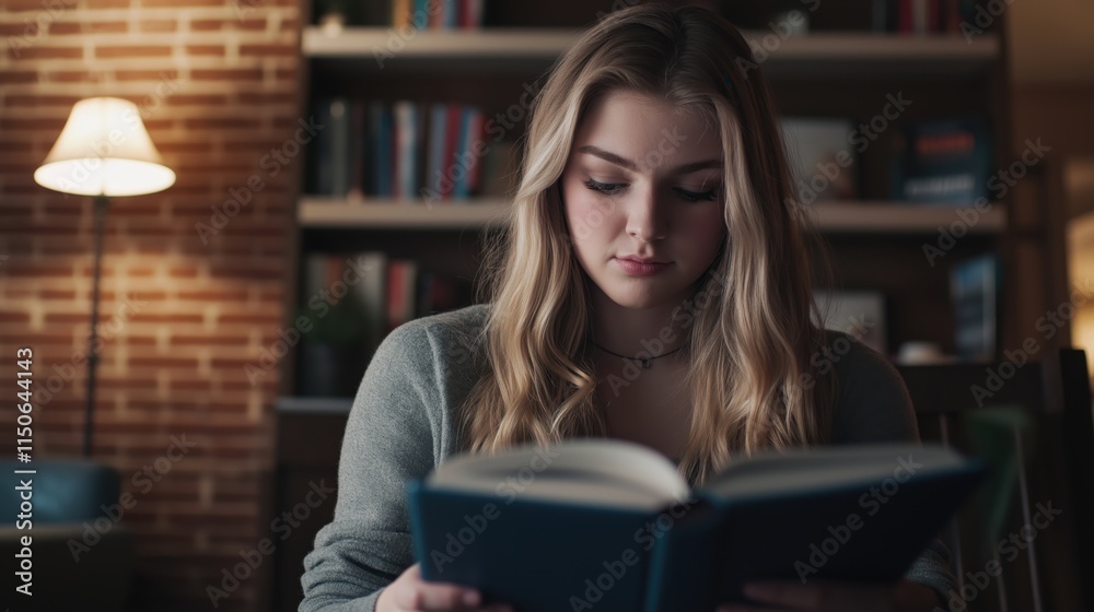Eighteen year old college student studies intently in a well-lit library, showcasing her dedication and concentration Eighteen year old college student studies intently in a well-lit library, showcasing her dedication and concentration