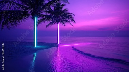Neon-lit palm trees on a beach at sunset.