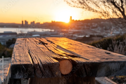 Rustic wooden table at sunset overlooking a city skyline with shimmering water in the background photo