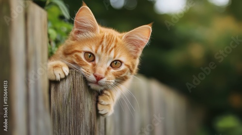 Grass is Always Browner on the Other Side of the Fence Day Curious ginger cat peering over wooden fence in garden setting photo