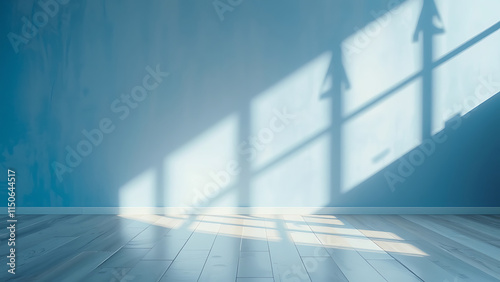 Panoramic abstract blue background for product presentation with sunlight and blurred shadows wall. Winter background.