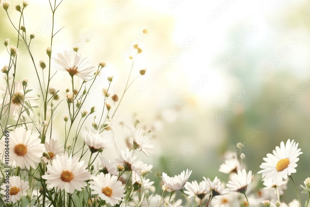 Bright white daisies blooming in a serene field under soft sunlight during springtime in nature Bright white daisies blooming in a serene field under soft sunlight during springtime in nature