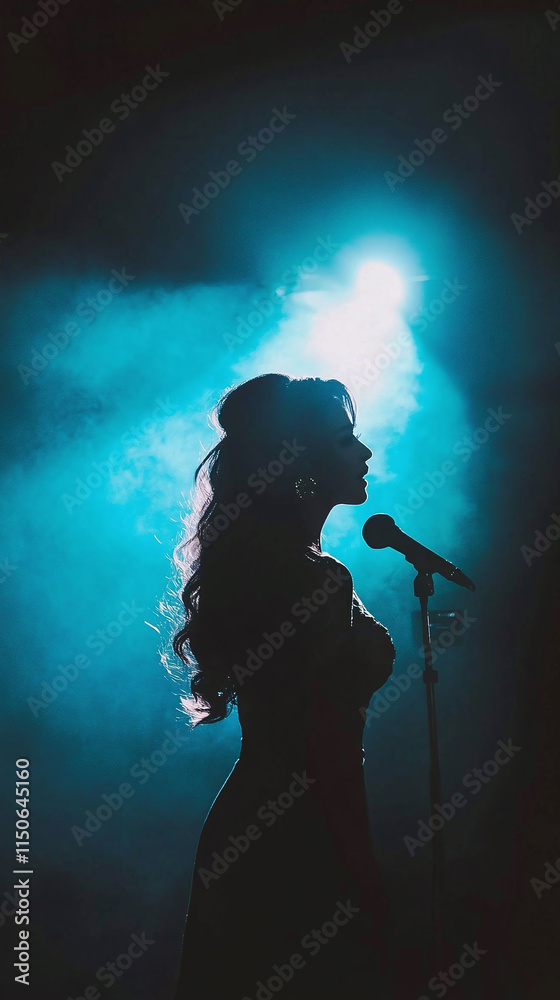 Broadway actress a woman singing a dramatic number under theatrical lighting