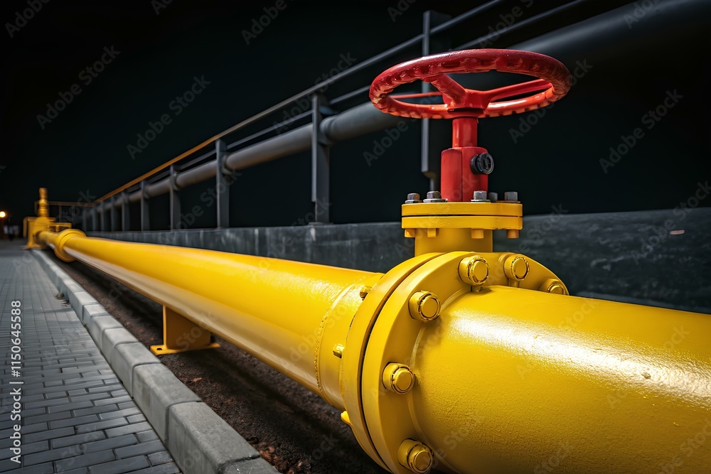 A close-up view of a bright yellow industrial gas pipeline with a red valve, surrounded by an outdoor industrial environment A close-up view of a bright yellow industrial gas pipeline with a red valve, surrounded by an outdoor industrial environment