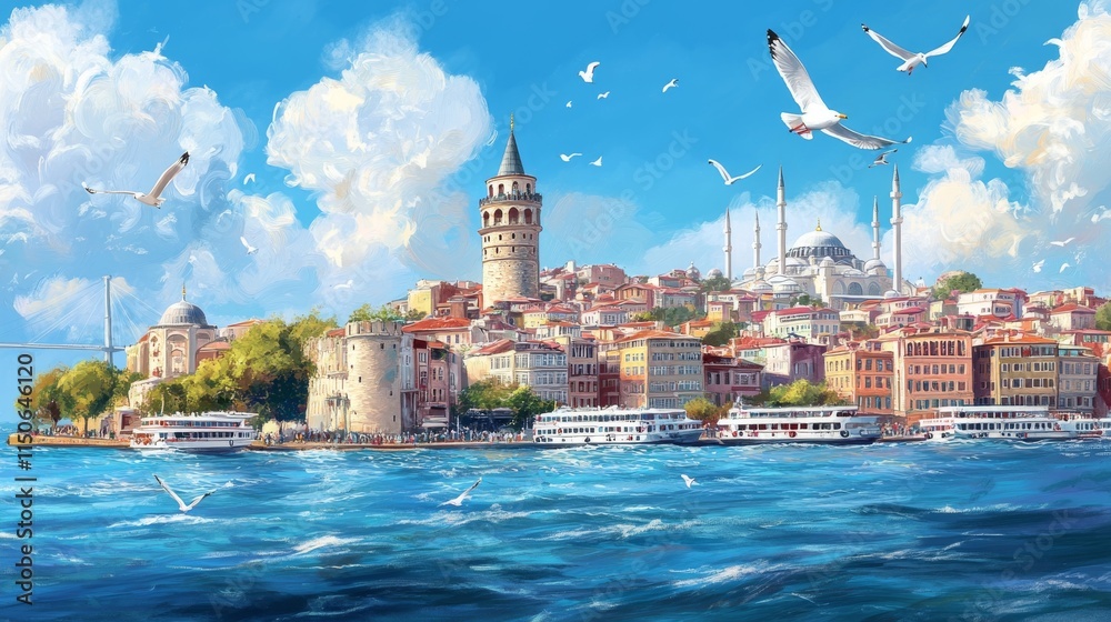 Obraz premium Oil painting artistic image of istanbul bosphorus bridge, maiden's tower, galata tower, seagull, istanbul sea, mosque panoramic skyline