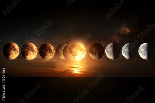 Phases of the moon illuminated by sunset over a serene landscape at dusk photo