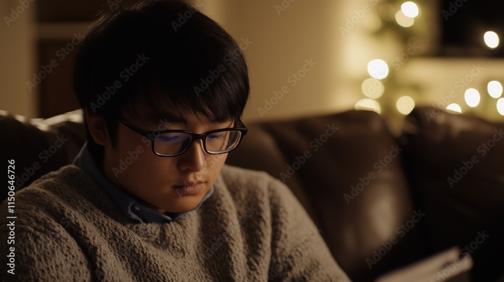 Fototapeta premium Young male college student studies intently, bathed in warm natural light while surrounded by a cozy environment