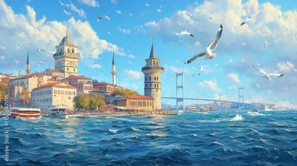 Fototapeta premium Oil painting artistic image of istanbul bosphorus bridge, maiden's tower, galata tower, seagull, istanbul sea, mosque panoramic skyline