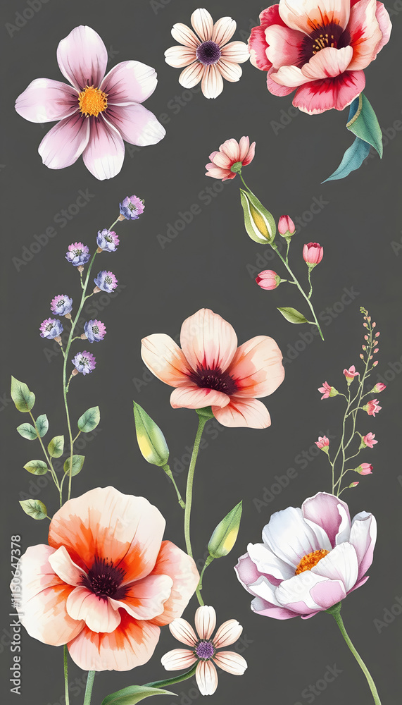 Fototapeta premium Flowers watercolor illustration.Manual composition.Big Set watercolor elements, simple style, with white tones
