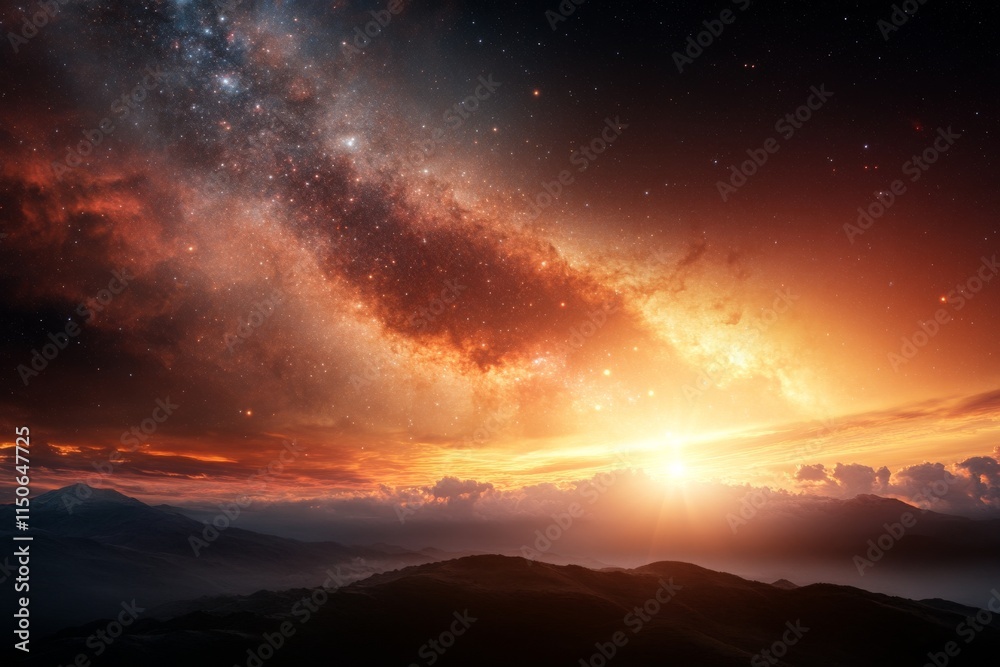 Fototapeta premium Vibrant cosmic landscape at sunrise with swirling galaxies and glowing clouds above mountain silhouettes