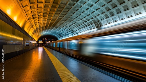 A blurred subway train approaches a modern underground station with vibrant lighting.