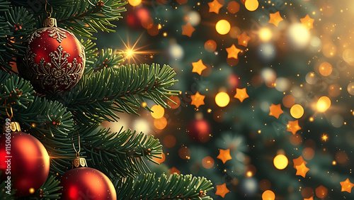 Border with green fir branches, red balls, berries, gold lights and stars isolated on transparent background. Pine, xmas evergreen plants seamless banner. Vector Christmas tree garland decoration