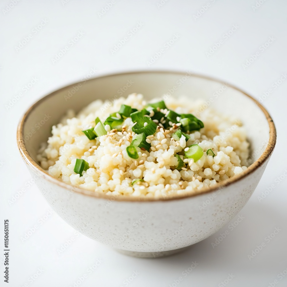 A minimalist bowl of plain millet with a light drizzle of sesame oil and a sprinkle of chopped scallions, served in a simple white ceramic bowl, Millet centered A minimalist bowl of plain millet with a light drizzle of sesame oil and a sprinkle of chopped scallions, served in a simple white ceramic bowl, Millet centered
