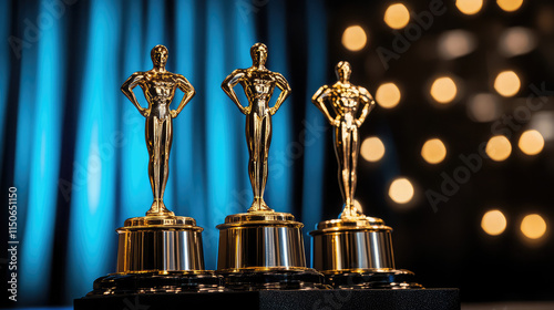 Three golden Oscar statues elegantly displayed on a pedestal
