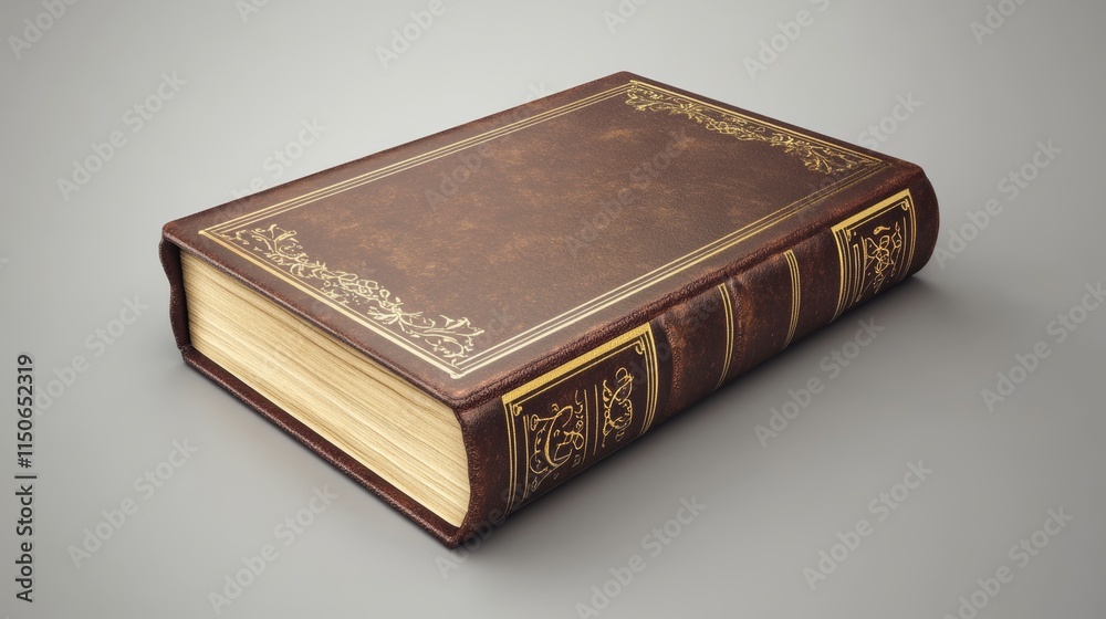 Obraz premium Book spine and cover mockup, blank volume in classic style with brown hardcover and golden decorative elements. Bestseller publication, library or store novelty isolated realistic 3d vector mock up