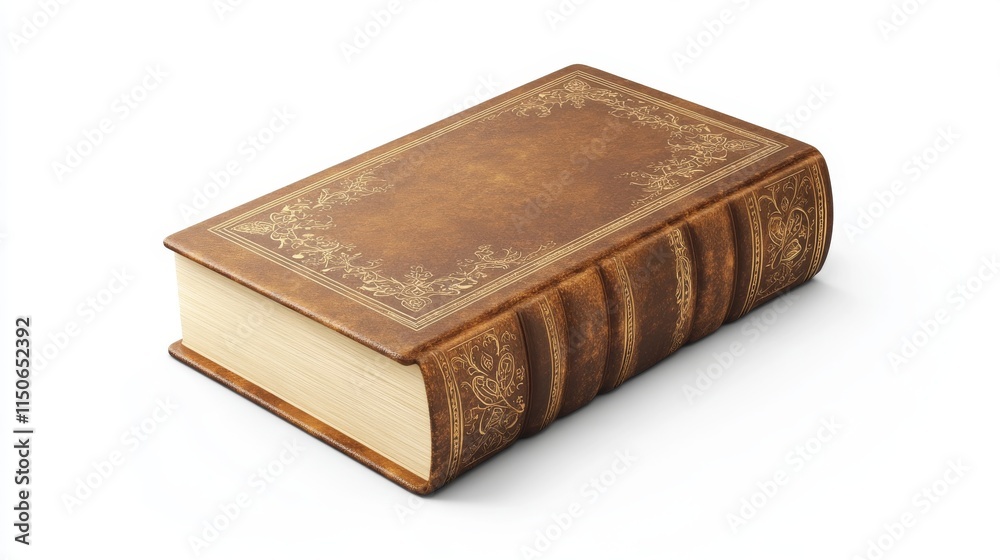 Book spine and cover mockup, blank volume in classic style with brown hardcover and golden decorative elements. Bestseller publication, library or store novelty isolated realistic 3d vector mock up Book spine and cover mockup, blank volume in classic style with brown hardcover and golden decorative elements. Bestseller publication, library or store novelty isolated realistic 3d vector mock up