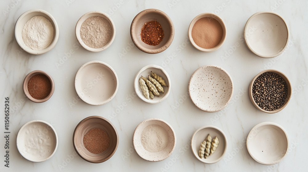 A modern flatlay featuring a mix of ground and whole spices, such as chili powder, cardamom pods, and cumin seeds, displayed in small, minimalist ceramic dishes. The dishes are eve A modern flatlay featuring a mix of ground and whole spices, such as chili powder, cardamom pods, and cumin seeds, displayed in small, minimalist ceramic dishes. The dishes are eve
