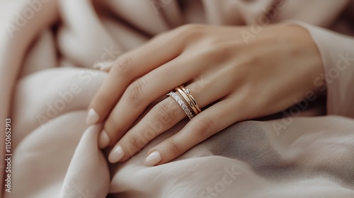 A woman is wearing a gold and diamond ring on her left hand