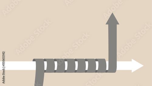 A spiral gray arrow surrounds a horizontal white arrow and points upwards