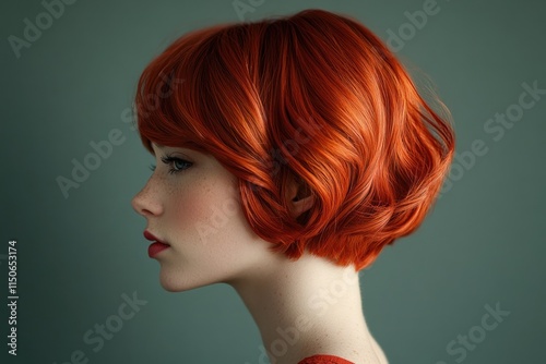 Beautiful young woman with vibrant orange bob hairstyle looking gracefully to the side against a muted background. Generative AI