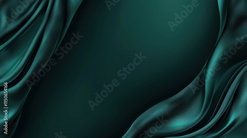 Dark teal emerald green silk satin. Shiny smooth fabric. Soft folds. Luxury background with space for design. web banner. Flat lay, top view table. Birthday, Christmas, Valentine, New year.